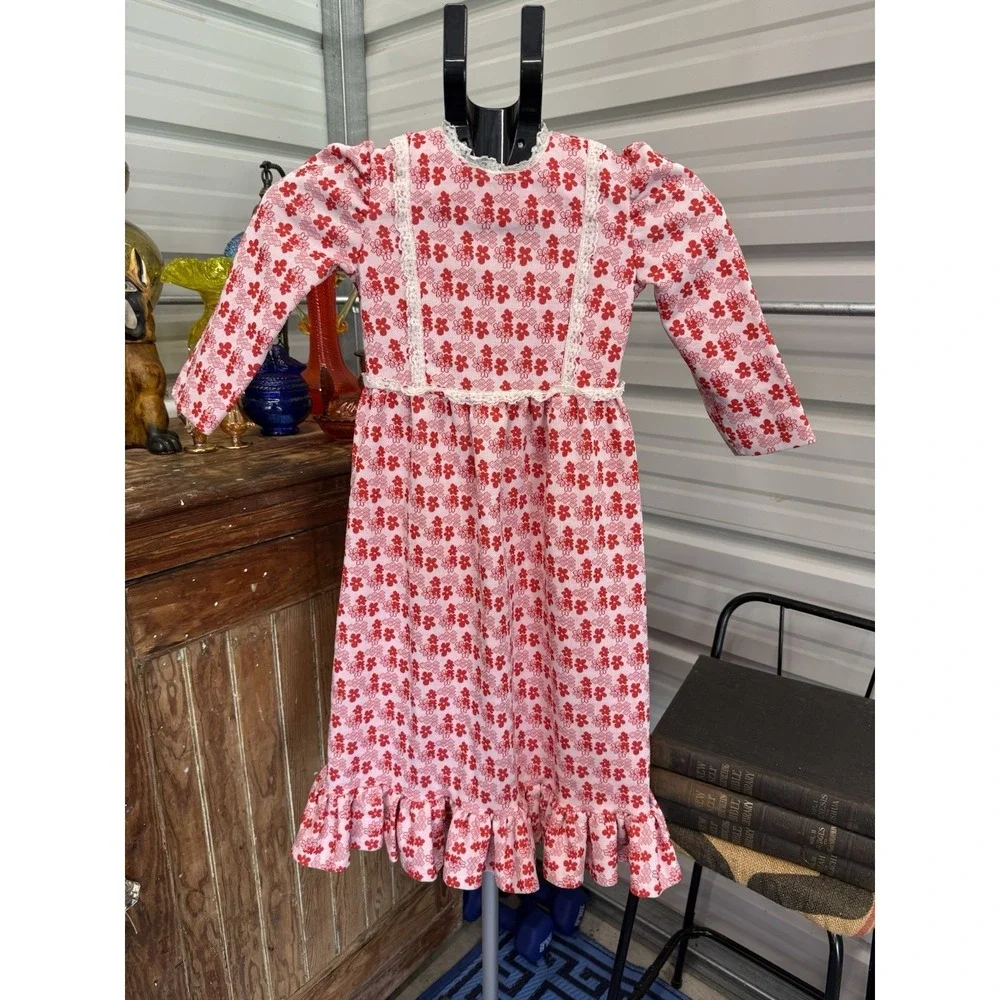 Vintage Handmade Little House Prairie Girls Dress Pink Red Floral Lace 4T